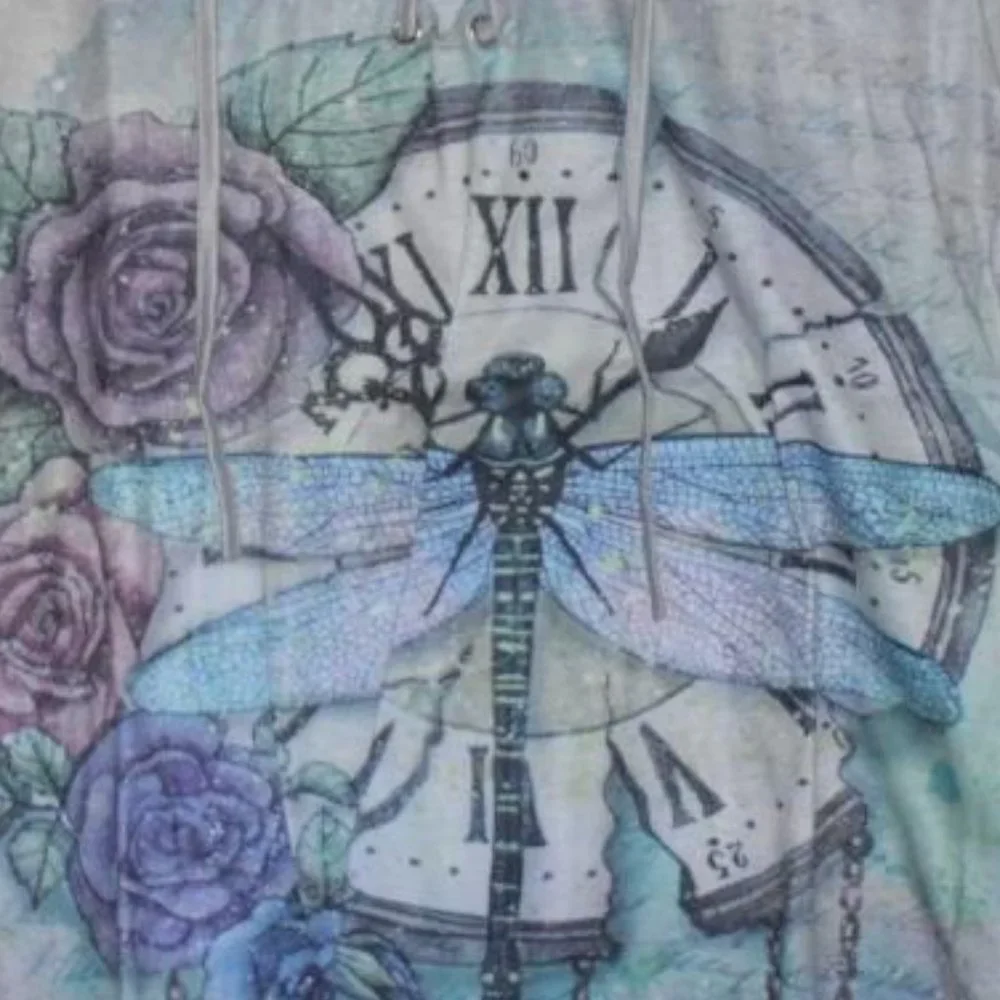 Medieval Sublimation Tattoo Dragonfly Clock Floral Fairy Gypsy Peasant Top Tee - Picture 4 of 5